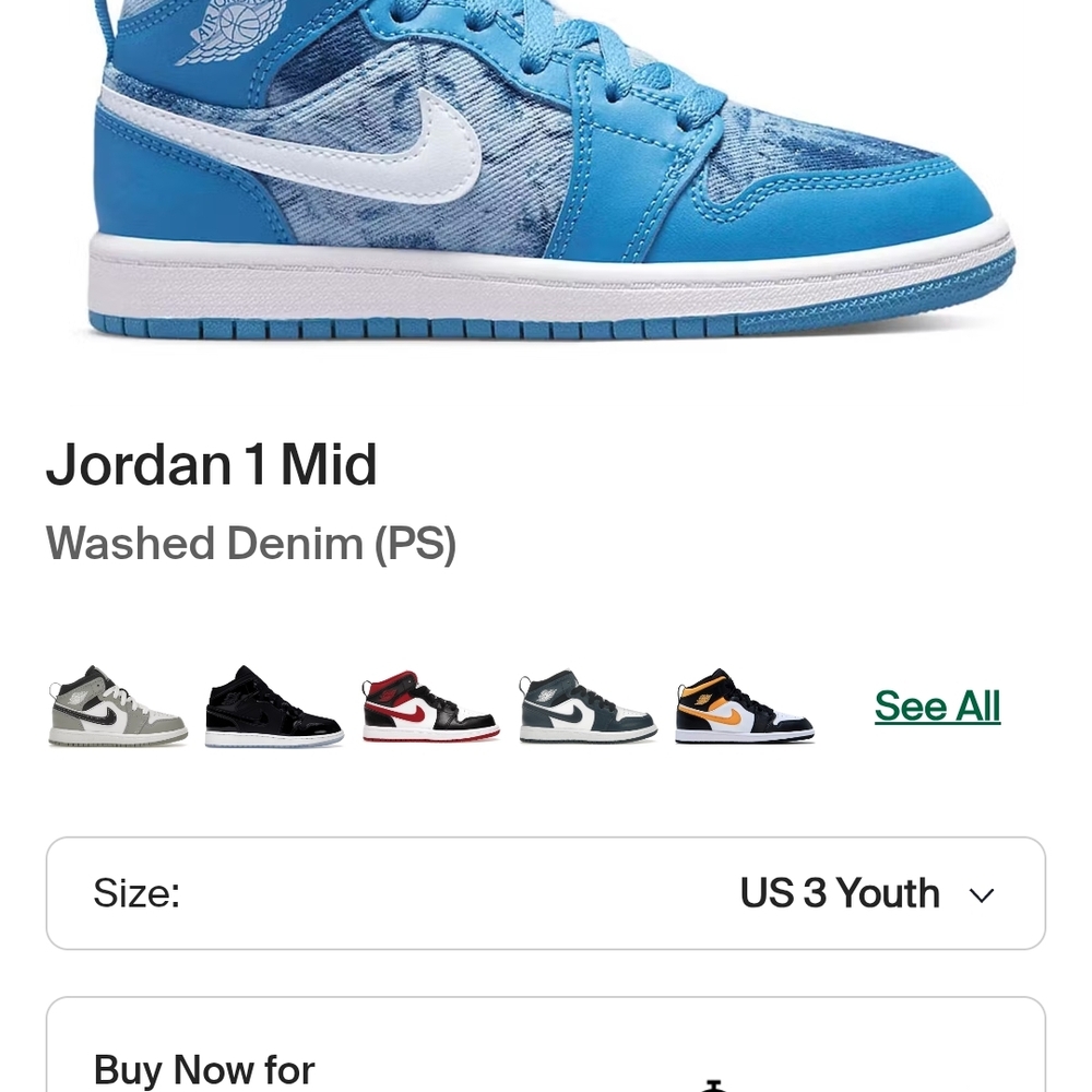 Jordan 1 Mid in Washed Denim 
Like new 
Size 7y 9 women's or 8 mens - Picture 2 of 9